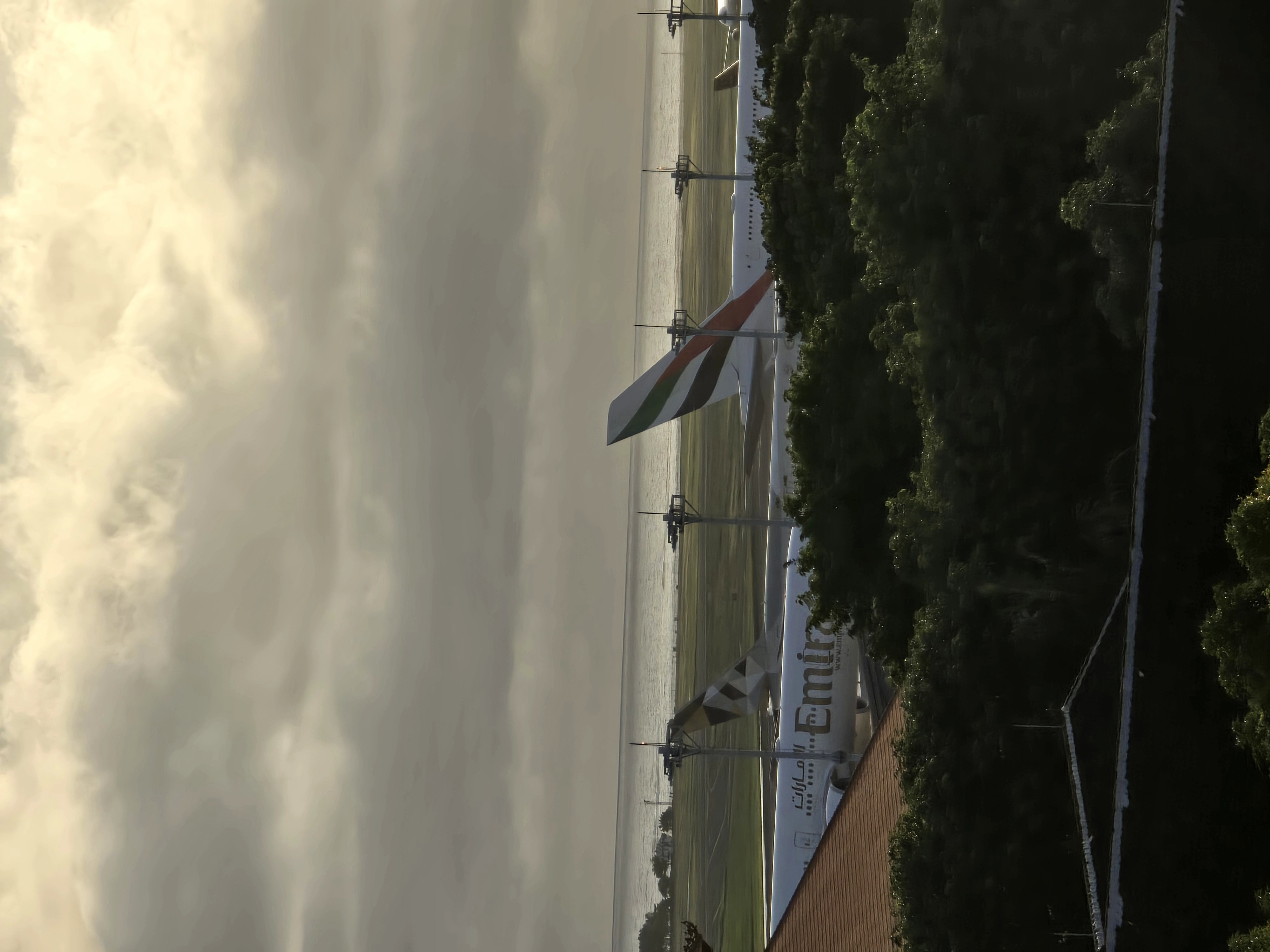 Emirates and Etihad tails visible above the treeline at Ngurah Rai Airport, Bali, with overcast skies and the Indian Ocean beyond